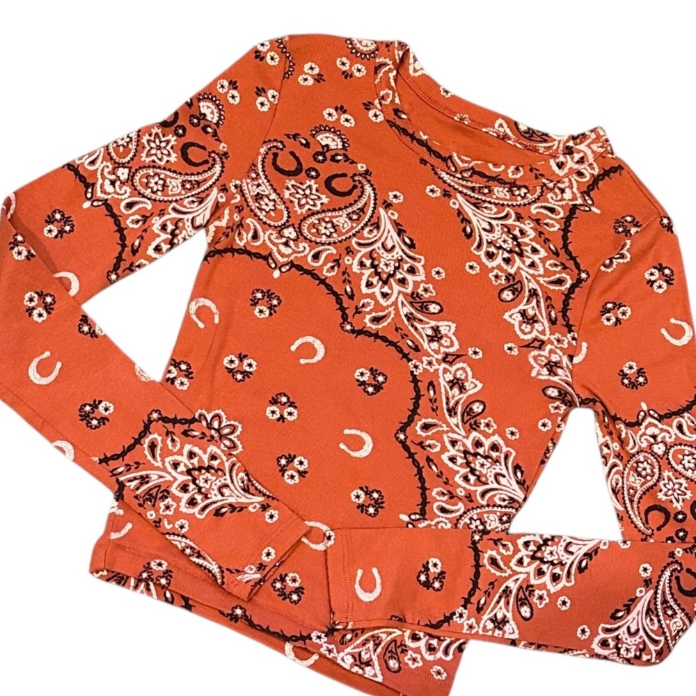 BDG Long Sleeve Tee Womens Small Orange Excellent Bandana Western Cropped Top